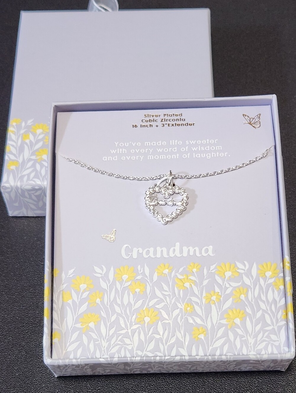 Grandma Silver-Plated CZ Heart Pendant Necklace In Gift Box NWT 16"+3" Extender